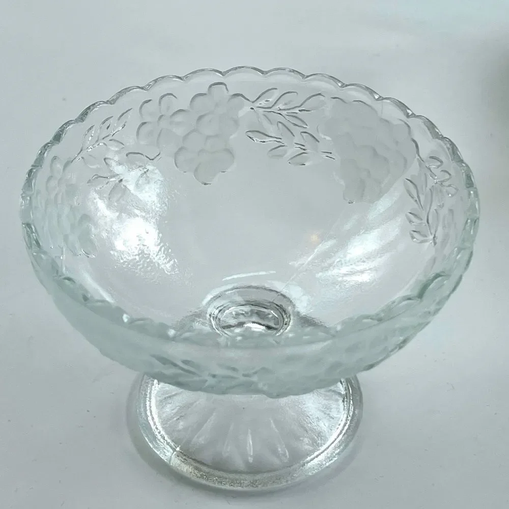 Vintage Dessert Footed Pressed Glass Bowls • Raised Frosted Daisy Pattern • (2)